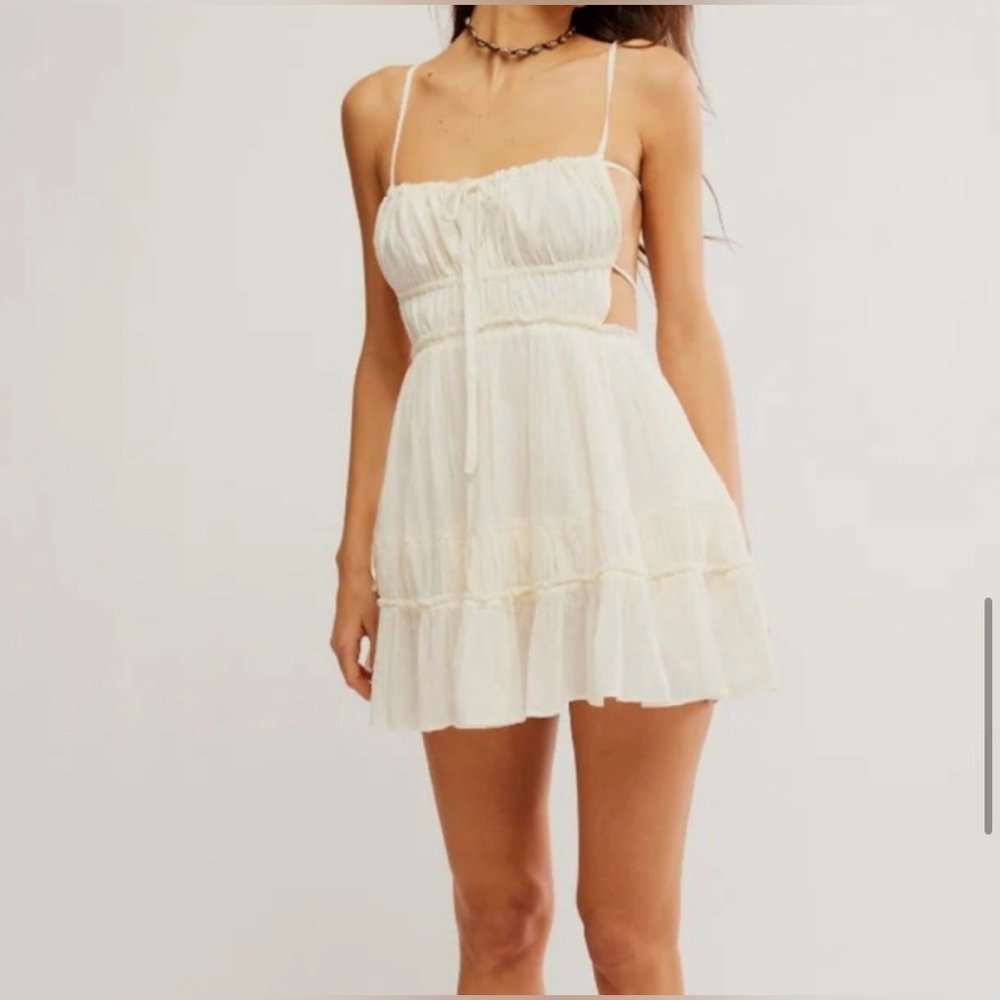 SOLD — Free People NWT | Taking Sides Shirred Tiered Cotton Mini Dress Ivory - Picture 12 of 12
